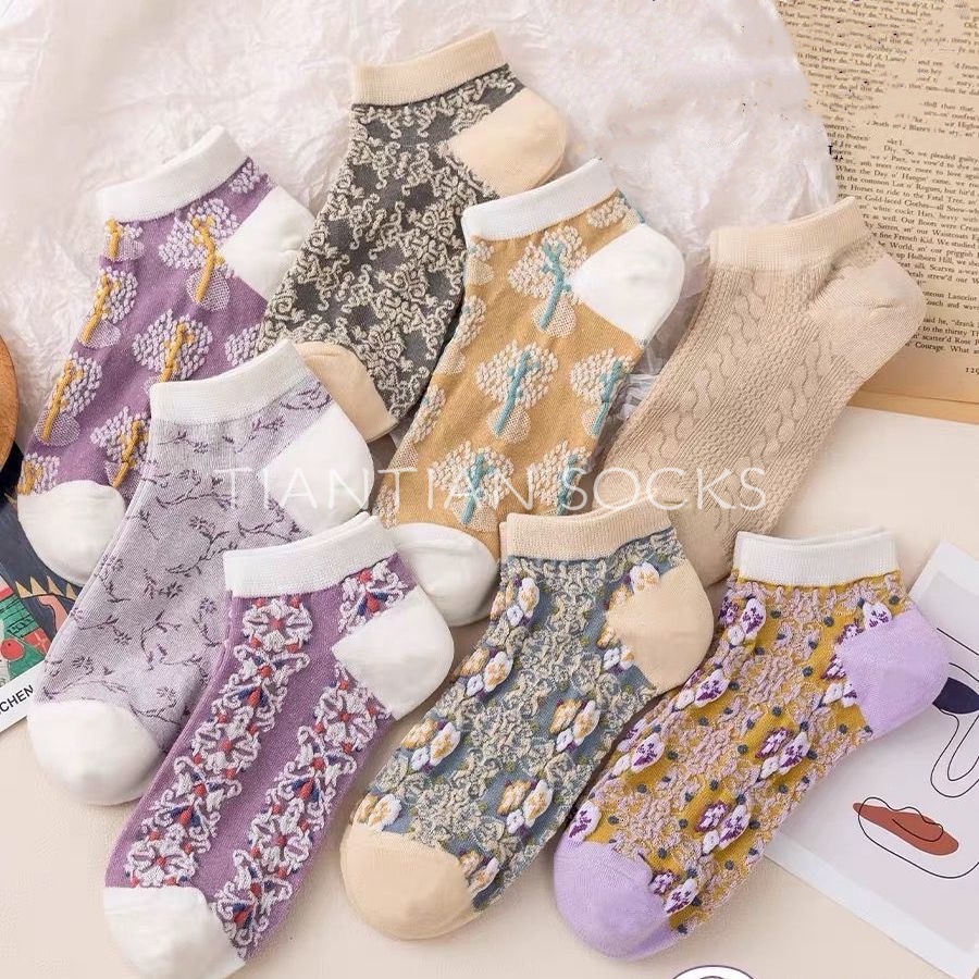 TIAN TIAN T156 Vớ Thuyền Cotton Thêu Nổi Ba Chiều Cổ Điển Phong Cách Hoàng Gia Nhật Bản Dễ Thương Thời Trang Xuân Hè Cho Nữ Dễ Phối Đồ