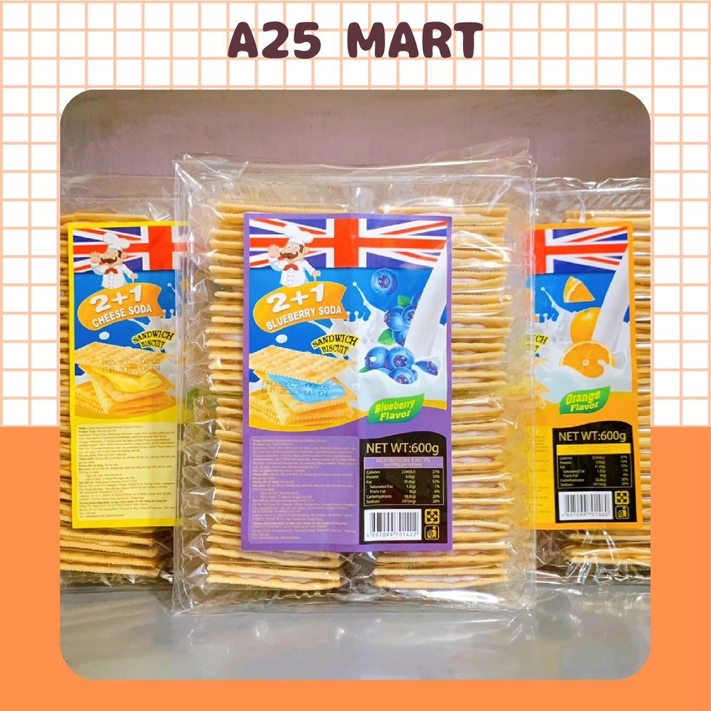 Bánh Quy Kẹp Kem Phô Mai/ Cam/ Việt Quất Soda Gói 600g