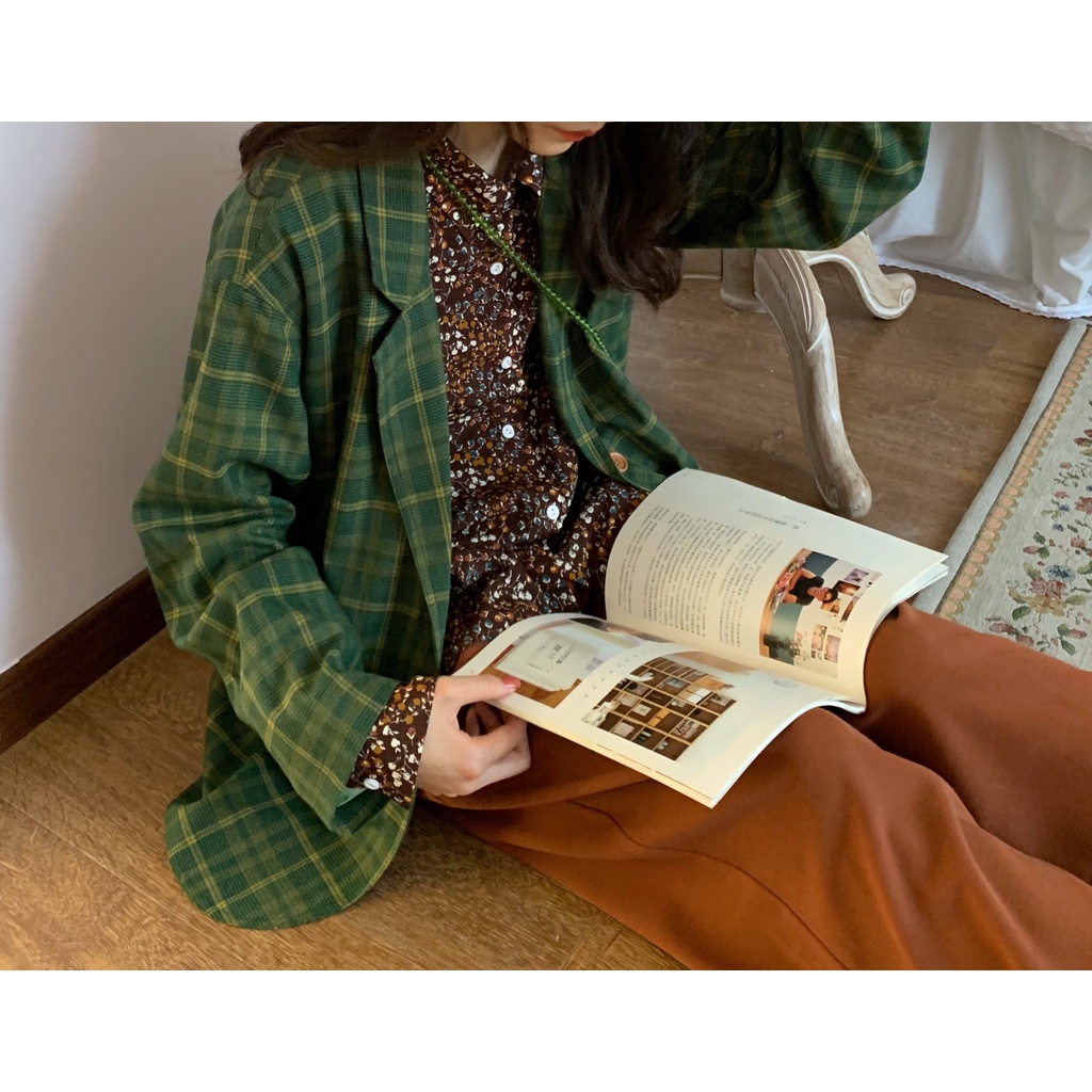 Áo Khoác Blazer Kẻ Đậm Chất Vintage Phong Cách Hàn Quốc Cho Nữ