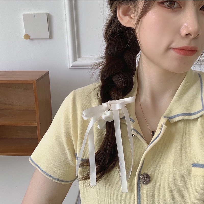 Cột tóc dây buộc tóc màu kem đính nơ tua dài dễ thương C12