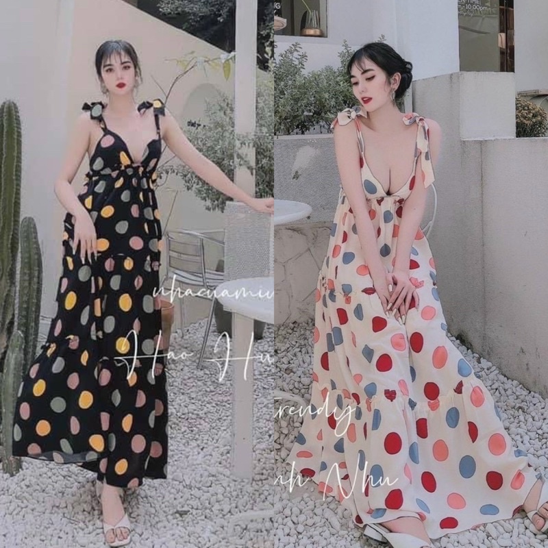 Maxi chấm bi 2 dây hở lưng xẻ ngực trắng đen, đầm váy nữ form dài đi chơi/biển du lịch sang trọng quý phái quyến rũ