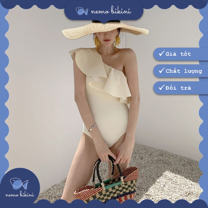 Nemo Bikini - Đồ bơi nữ, áo tắm, đồ bơi 1 mảnh liền thân tôn dáng tay bèo xòe màu kem