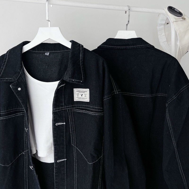 Áo khoác Jean đen chỉ nổi from rộng Unisex , chất ko co dãn 40-75kg TQ Jean