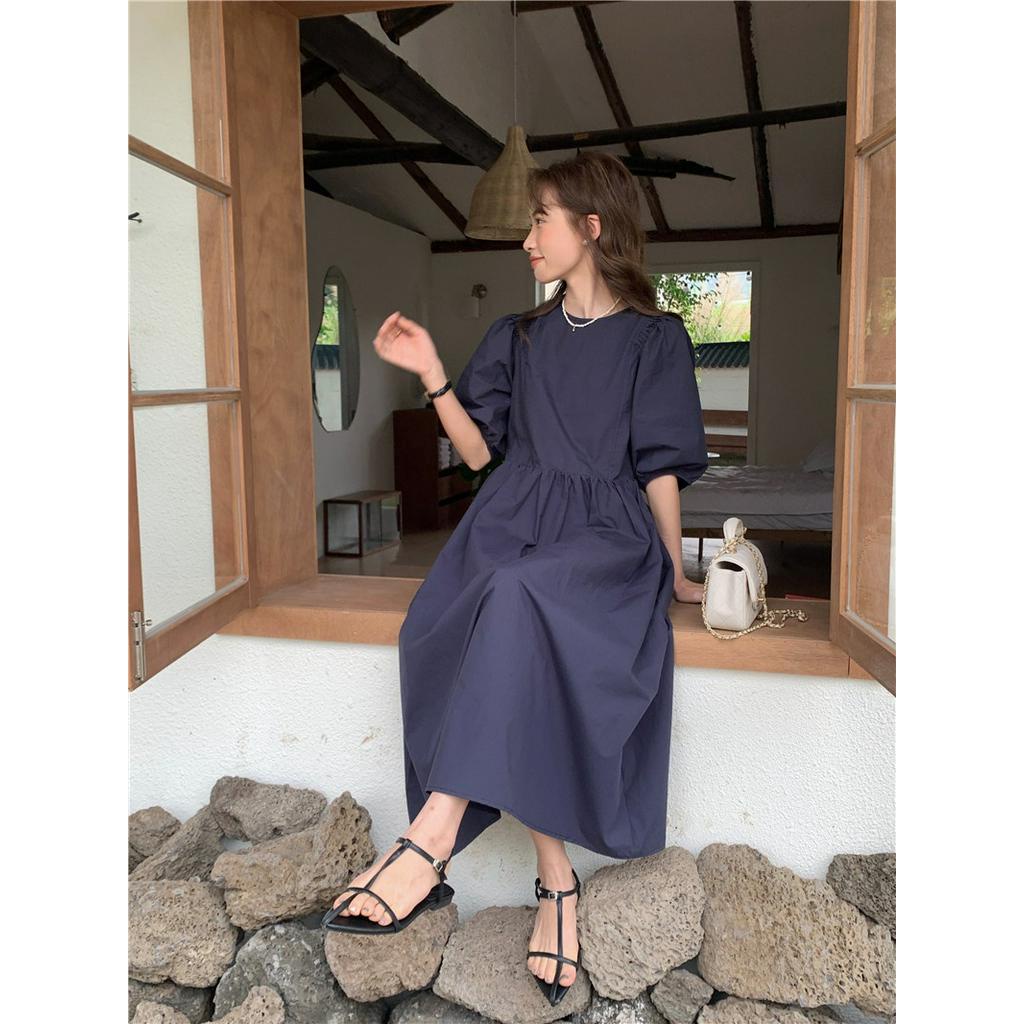 Đầm Hàn Quốc Cổ Tròn Ngắn Tay Dáng Dài Vừa Vặn 63853 3 Màu Sắc Đơn Giản