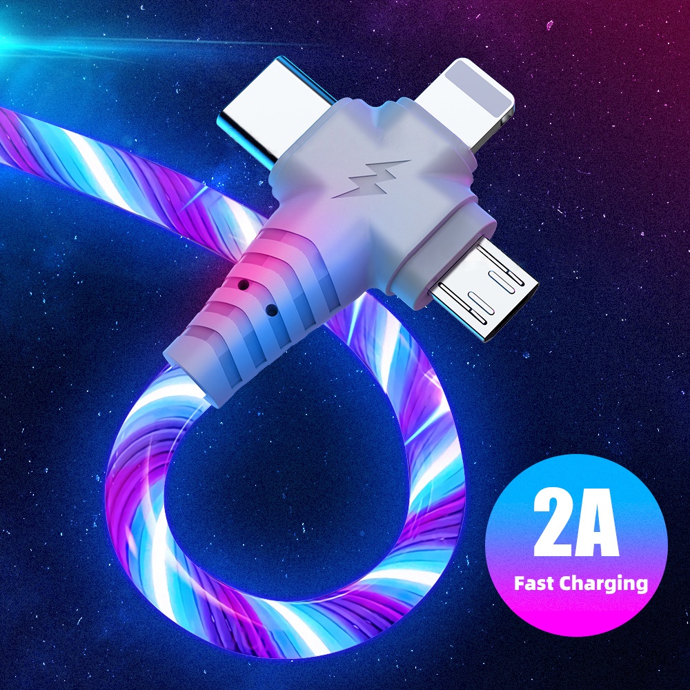 Dây cáp sạc TWITCH 3 trong 1 2.1A có đèn LED cổng micro USB type C