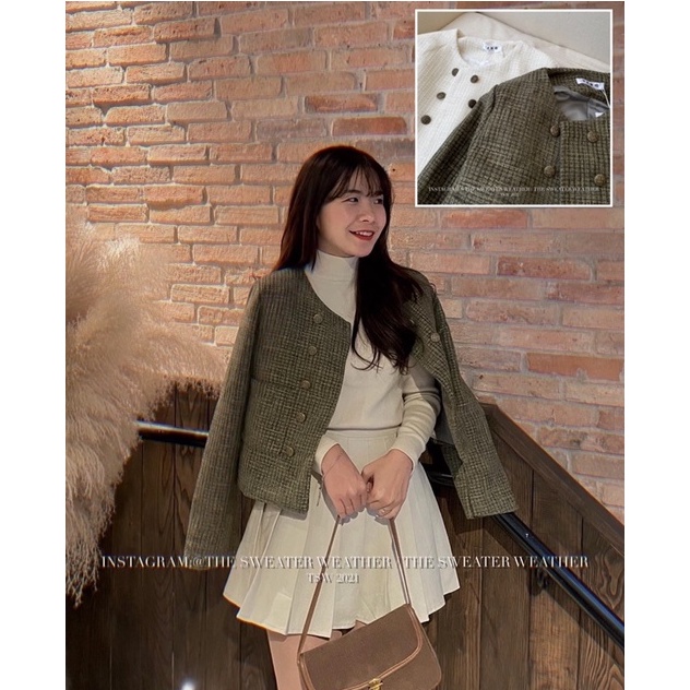 Áo khoác dạ vải tweed phong cách cổ điển RÊU cúc đồng thanh lịch