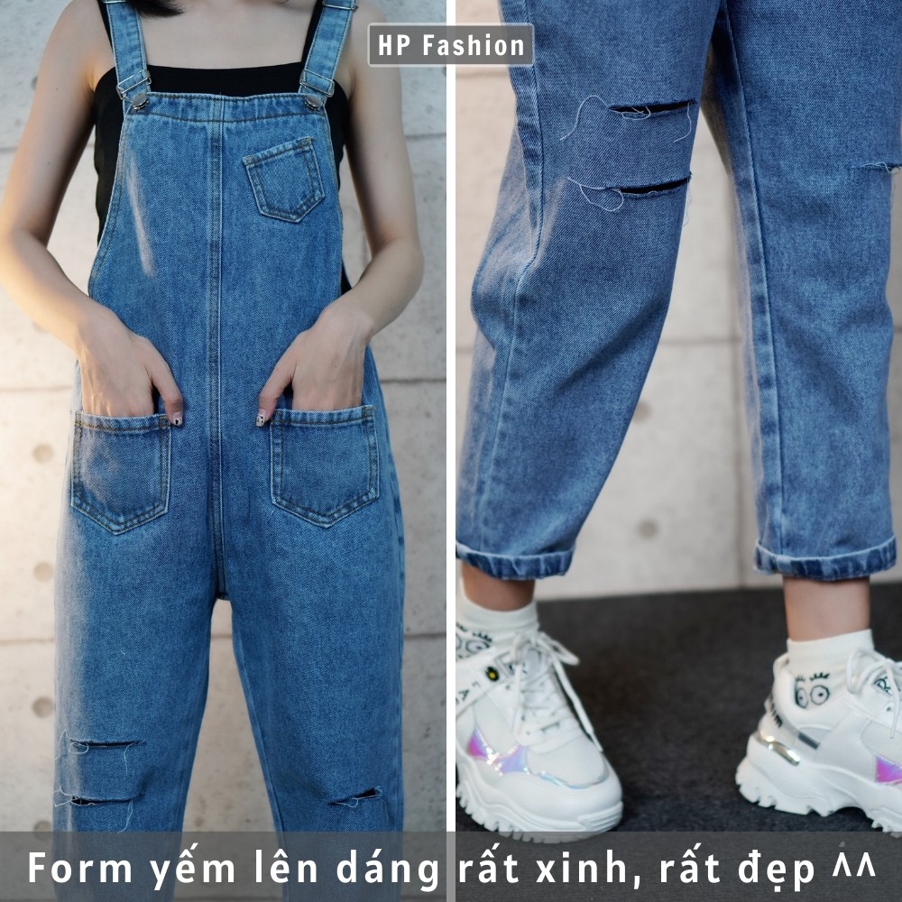 Quần yếm nữ ❤️ yếm jean dài rách dáng suông, phối túi cá tính phong cách Ulzzang QJ26 | BigBuy360 - bigbuy360.vn