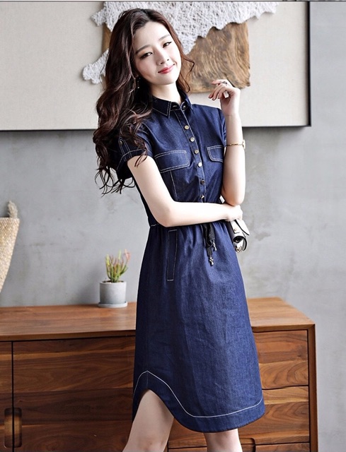 Đầm jean nữ tay ngắn eo thắt dây ôm body