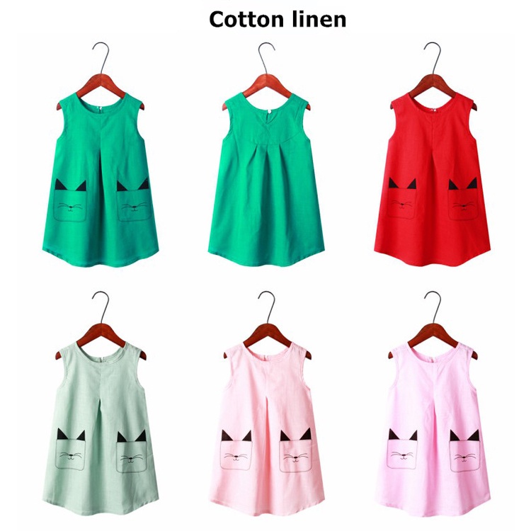 1-13 Years Girls Dresses Kids Summer Sleeveless Strap Dress Linen Solid Color Children Clothes Girl Casual Sundress