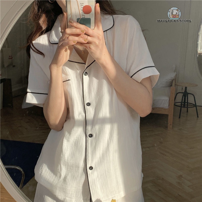 Bộ đồ ngủ ngắn tay chất liệu cotton lanh mỏng dáng rộng thoải mái thời trang hè Hàn Quốc cho nữ