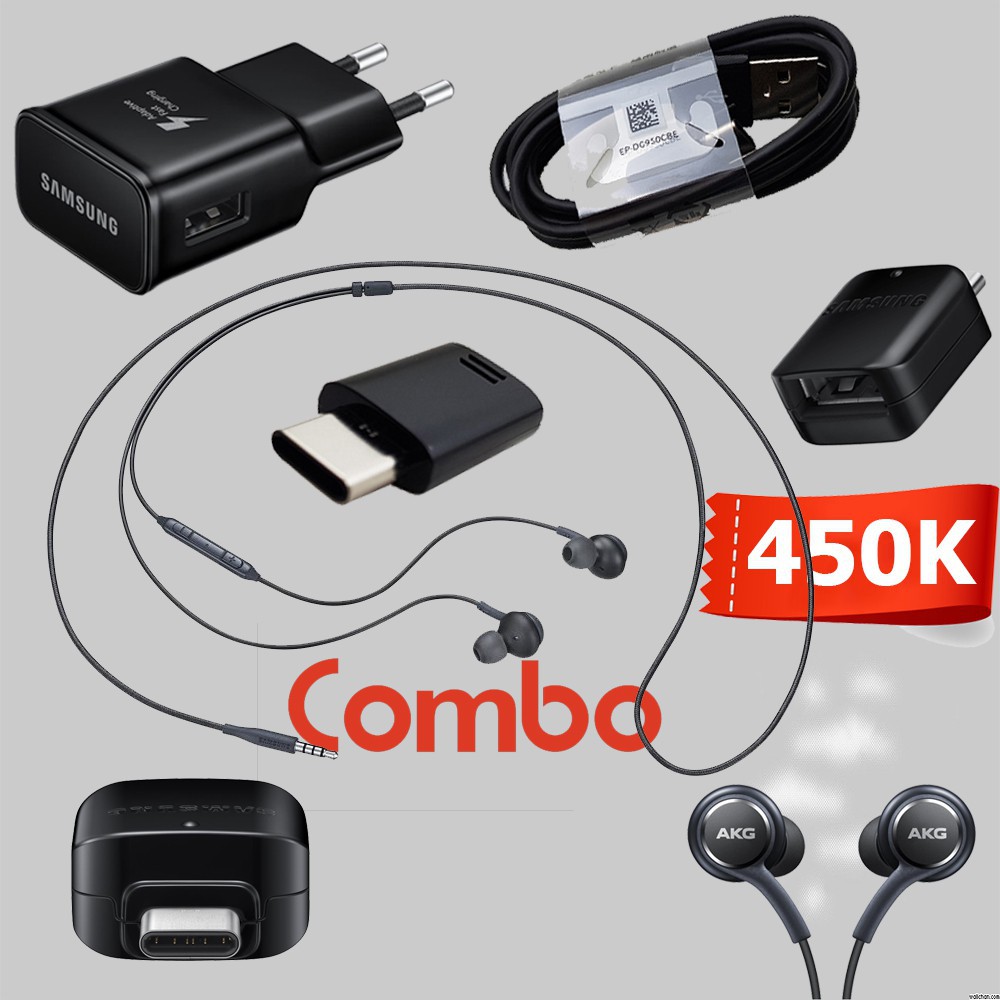 Combo S8 Plus chính hãng gồm sạc, cable, tai nghe, OTG, MicroUSB connector