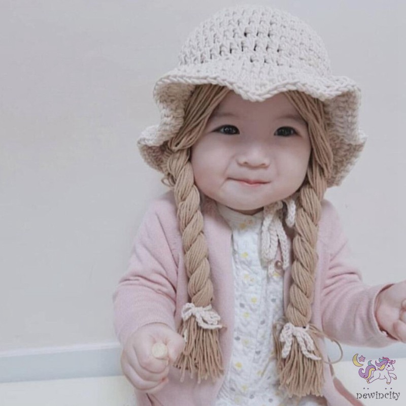 Mũ Len Kèm Tóc Giả Thắt Bím Dễ Thương Cho Bé Gái
