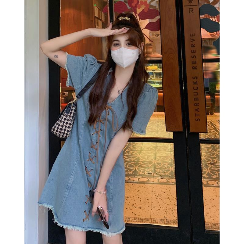 Đầm Denim Cổ Chữ V Cột Dây Thời Trang Mùa Hè Phong Cách Hàn Quốc Mới 2022 Cho Nữ