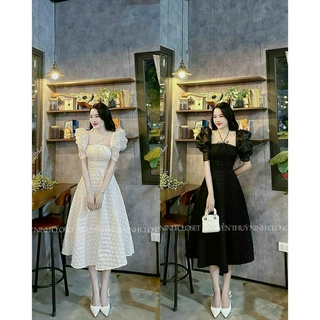 Đầm gấm dây cổ yếm phối tay bồng chiết eo dáng xòe dài 2 màu xinh xắn cho nàng dạo phố