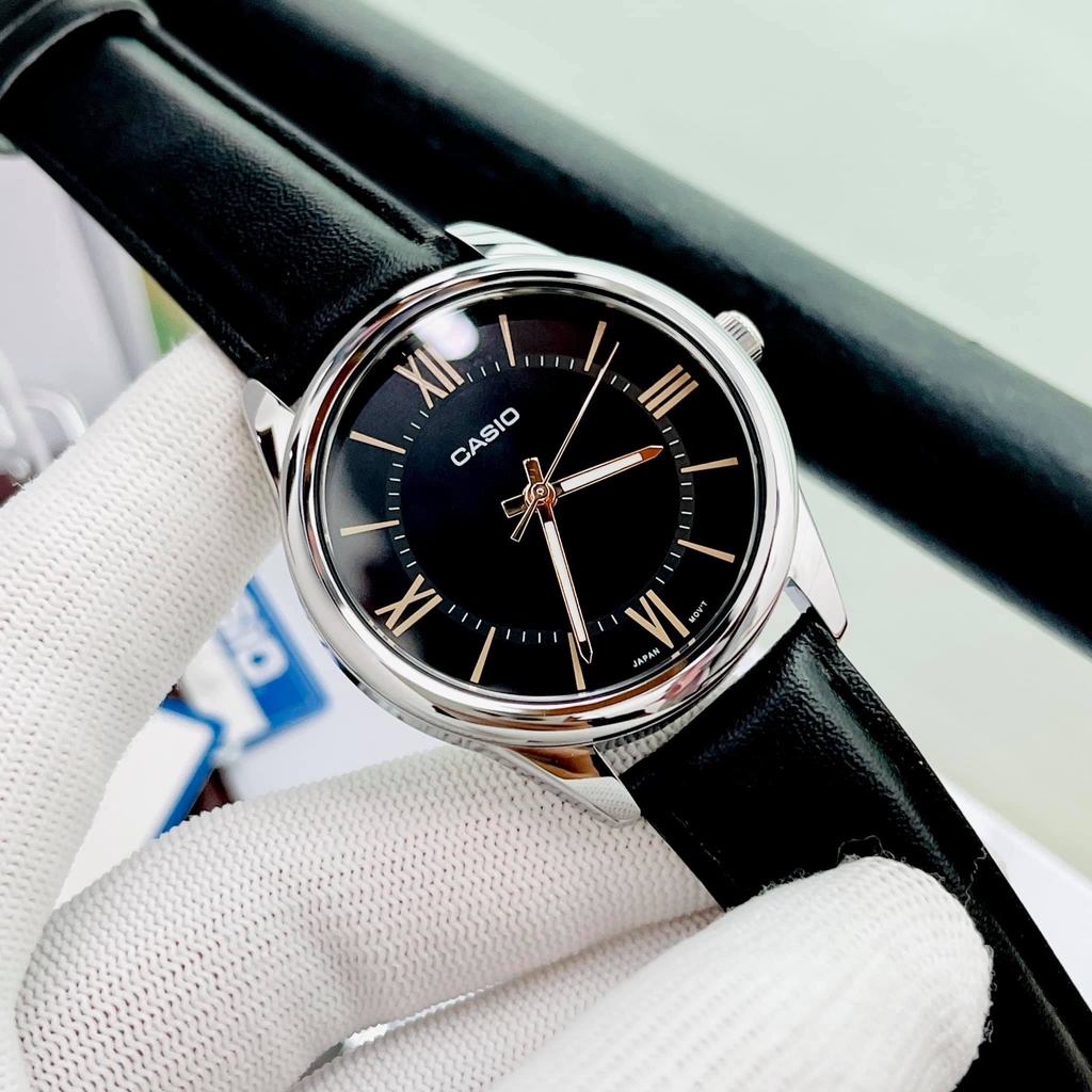 Đồng hồ nam dây da Casio MTP V005L Mặt số la mã Đen-Trắng-Xanh Bảo hành 1 năm Hyma watch
