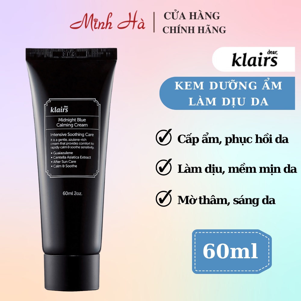 Kem dưỡng da ban đêm Dear Klairs Midnight Blue Calming Cream dạng tuýp 60ml phục hồi, cấp ẩm chuyên sâu