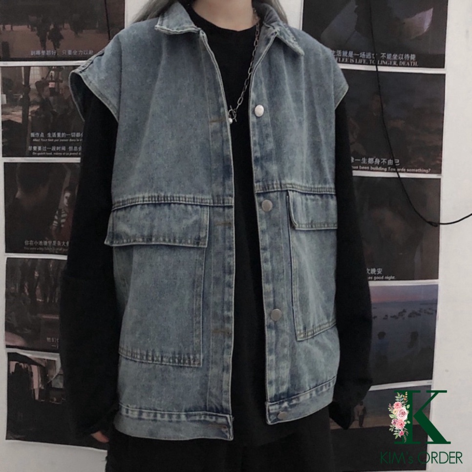 Áo Gile Bò Nam Nữ Phong Cách Cá Tính Áo Khoác Jeans Dáng Rộng Ulzzang Unisex Hàn Quốc Màu Xanh Màu Đen Đủ Size