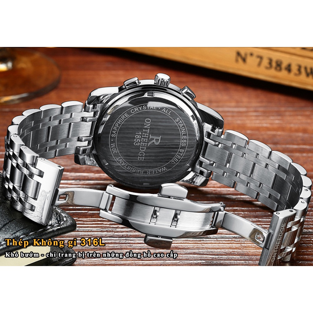 ĐỒNG HỒ NAM R-ONTHEEDGE KÍNH TRÁNG SAPPHIRE DÂY KIM LOẠI KHÔNG GỈ + TẶNG KÈM PIN CAO CẤP