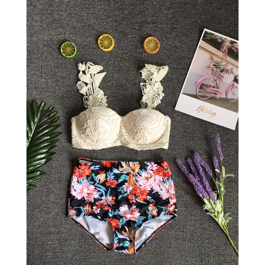 Bikini cúp ngực ren quần cạp cao hoa