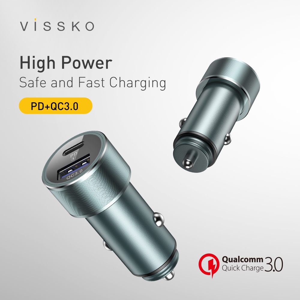 Vissko Car Charger 6A/36W for Dual Ports Type C+USB Support QC3.0+PD Fast Charging