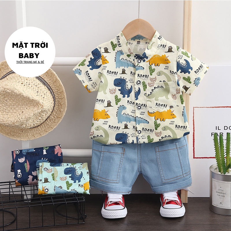 Set áo sơ mi khủng long kèm quần jeans cho bé trai 1-4 tuổi
