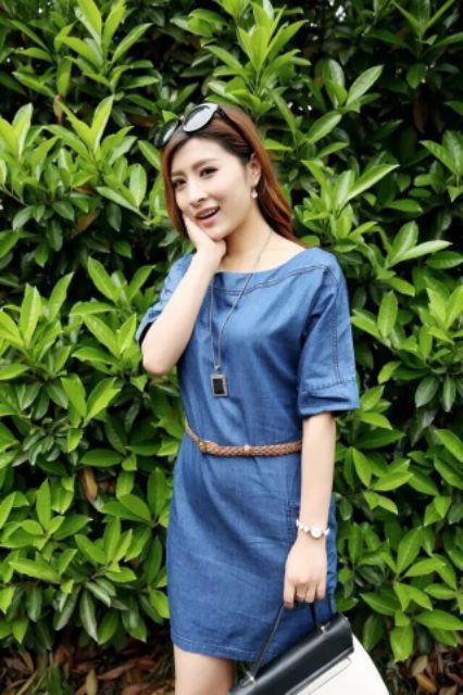 Đầm jean dáng suông cổ thuyền 2 túi, váy bò xuông tay ngắn trẻ trung - DTH