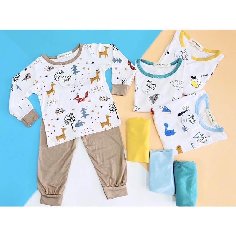 Bộ Dài Tay Minky Mom Họa Tiết Động Vật Nền Trắng Dễ Thương Cho Bé (6-19kg)