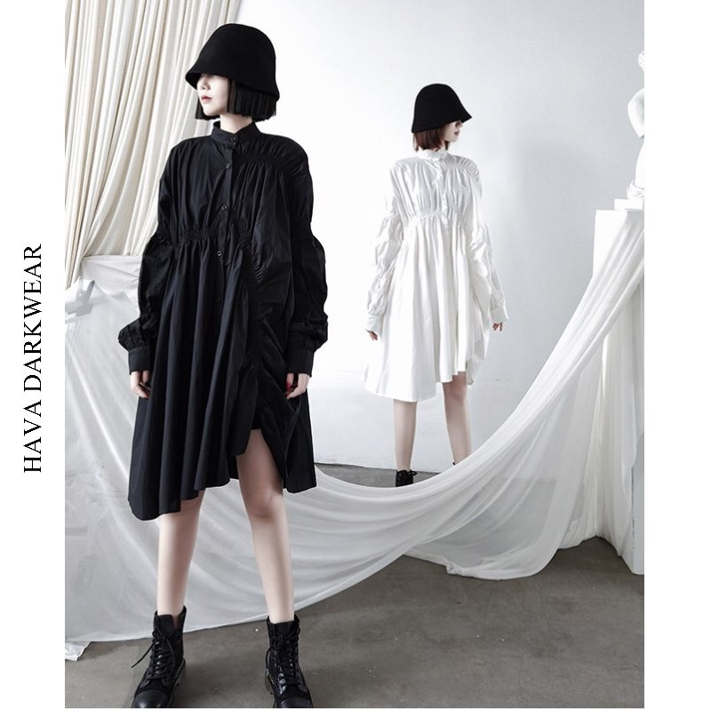 Váy V13 nhún bồng cổ tàu tay nhún chất thô cotton mềm mát form suông rộng cá tính