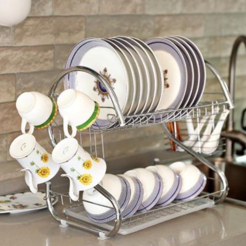Kệ đựng chén bát 2 tầng Giá úp bát inox cao cấp có khay hứng nước M11