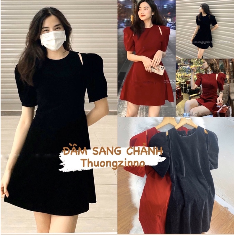 [Ảnh thật/Video] Đầm thiết kế phá cách khoét vai xoè nhẹ sang trọng Váy cổ tròn phong cách của quý cô