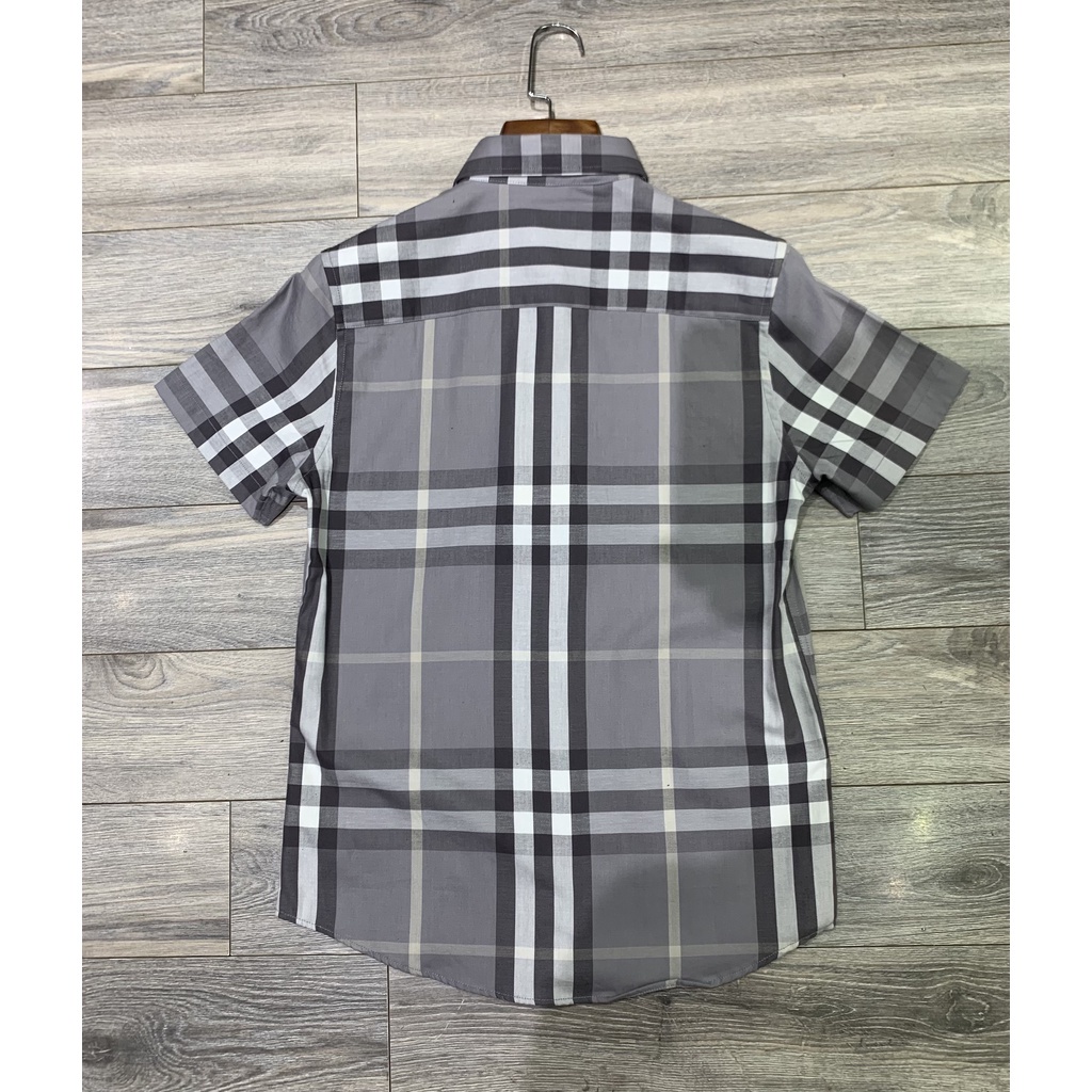 Áo sơ mi BBR ngắn tay họa tiết kẻ nhỏ chất cotton xịn màu ghi sáng
