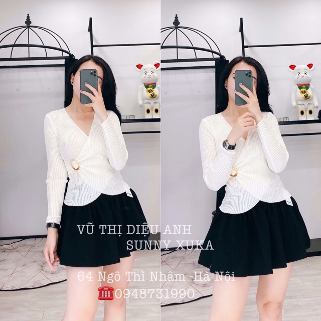 Áo len cổ chéo tag eo, Áo kiểu dáng ôm dài tay vải len co giãn AL9503 - NhiNhi Shop