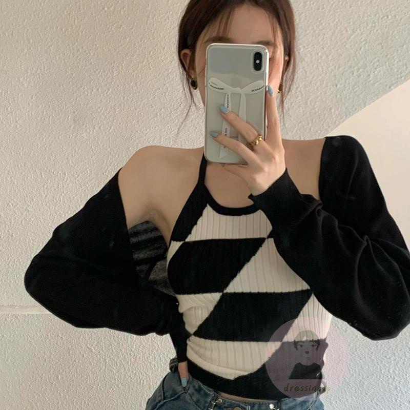 Áo Tank Top Dệt Kim Sát Nách Cổ Yếm In Họa Tiết Hình Thoi Màu Đen / Hồng Nhạt / Hồng Nhạt Cho Nữ