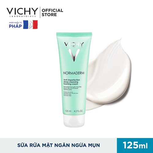 Sữa rửa mặt dạng kem giúp giảm mụn, se khít lỗ chân lông Vichy Normaderm Deep Cleansing Foaming Cream 125ml [Chính Hãng]