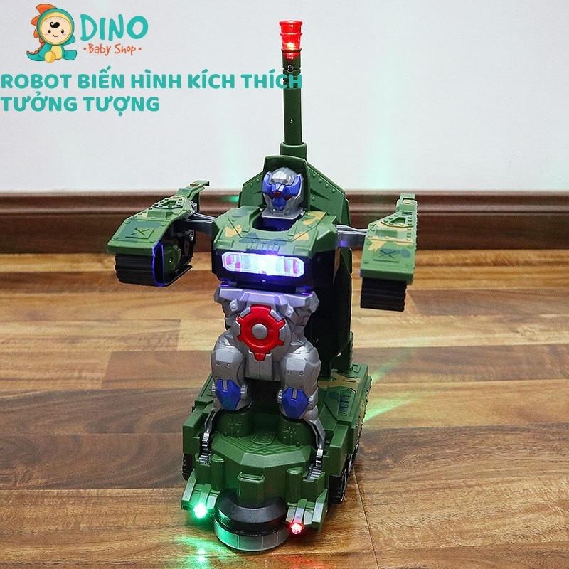 Xe tăng biến hình robot tự động, Đồ chơi robot xe tăng 2in1 có đèn và nhạc cho bé vui chơi DiNo