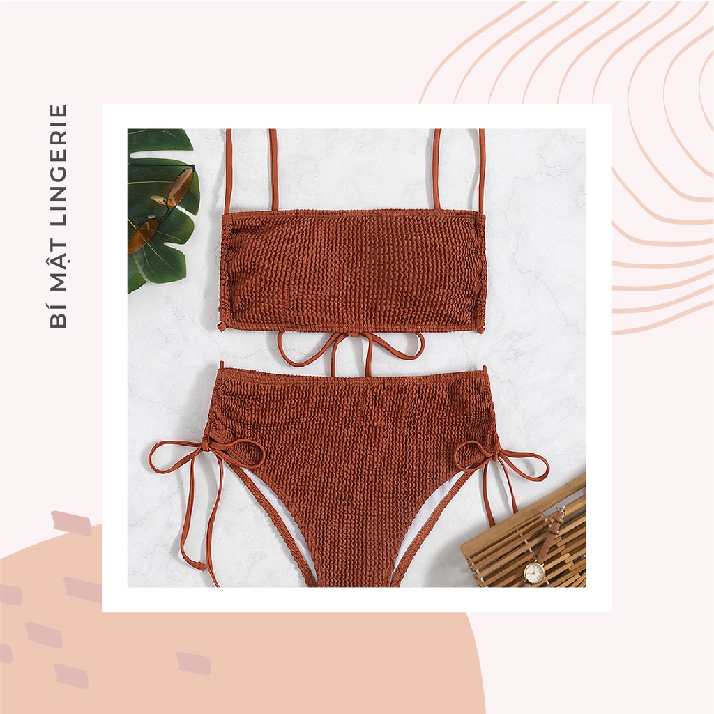Bikini đồ bơi 2 mảnh cạp cao che bung kín đáo dây rút lưng trần cam đất cao cấp tôn da