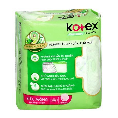 Băng vệ sinh thảo dược siêu mềm siêu mỏng cánh Kotex 23cm (Gói 8 miếng)