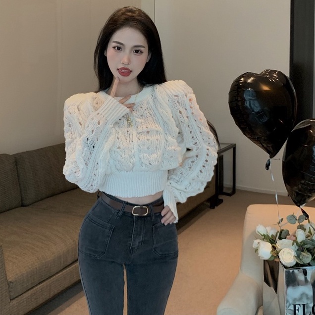 Áo len ZHELIHANGFEI dệt kim mỏng tay phồng dài xinh xắn thời trang Hàn Quốc cho nữ