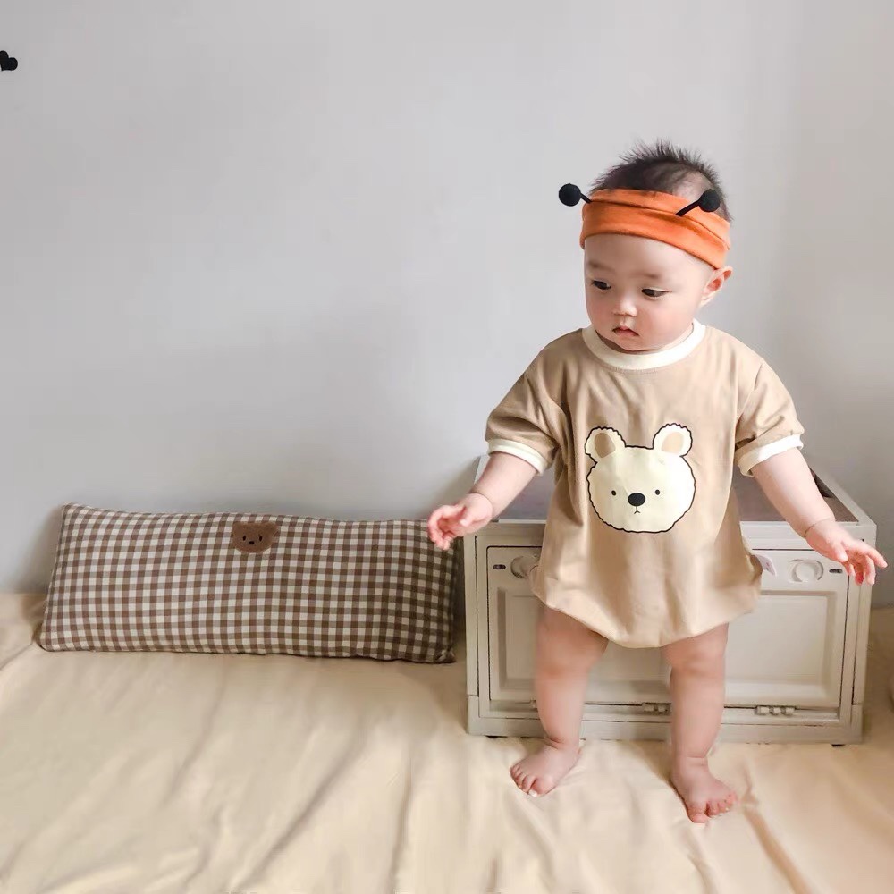 Bộ Áo Liền Quần Cotton Tay Ngắn In Hình Gấu Dễ Thương Cho Bé Sơ Sinh