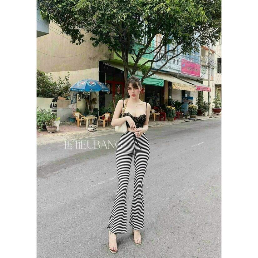 Quần ống loe nữ chất cotton co giãn form chuẩn, Quần legging vải ống loe màu đen xám kẻ sọc 11