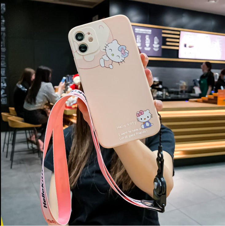 For IPHONE 6 6s 7 8 11 12 Pro Max Mini Plus Case  camera Lanyard Frame Border Pattern Catroon Cute Doraemon Hello Kitty Wrist Strap Housing Casing Cover Ip11 Ip12 Silicone Full Camera  Protector