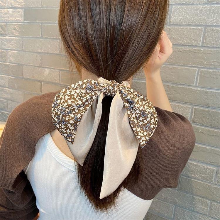 Dây buộc tóc ruy băng họa tiết hoa thắt nơ phong cách Hàn Quốc cho nữ
