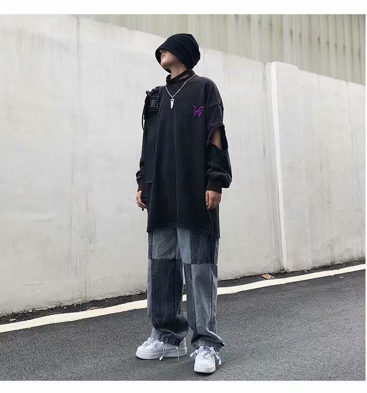 Blue and gray INS European and American high street hip-hop tide brand washed and old loose straight daddy pants hit color tie-dye denim trousers men