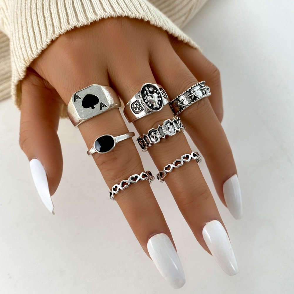 Bộ Bảy Nhẫn Đeo Tay Kim Loại Phong Cách Vintage Có Thể Điều Chỉnh Cho Nữ