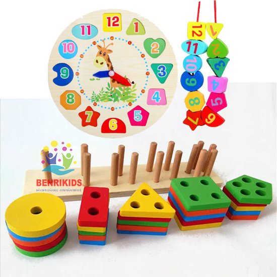 Đồ Chơi Montessori Bằng Gỗ Đồng Hồ Xâu Dây Và Thả Hình Khối Trên Thanh Giúp Bé Học Phân Biệt Màu Sắc Khối BR02X