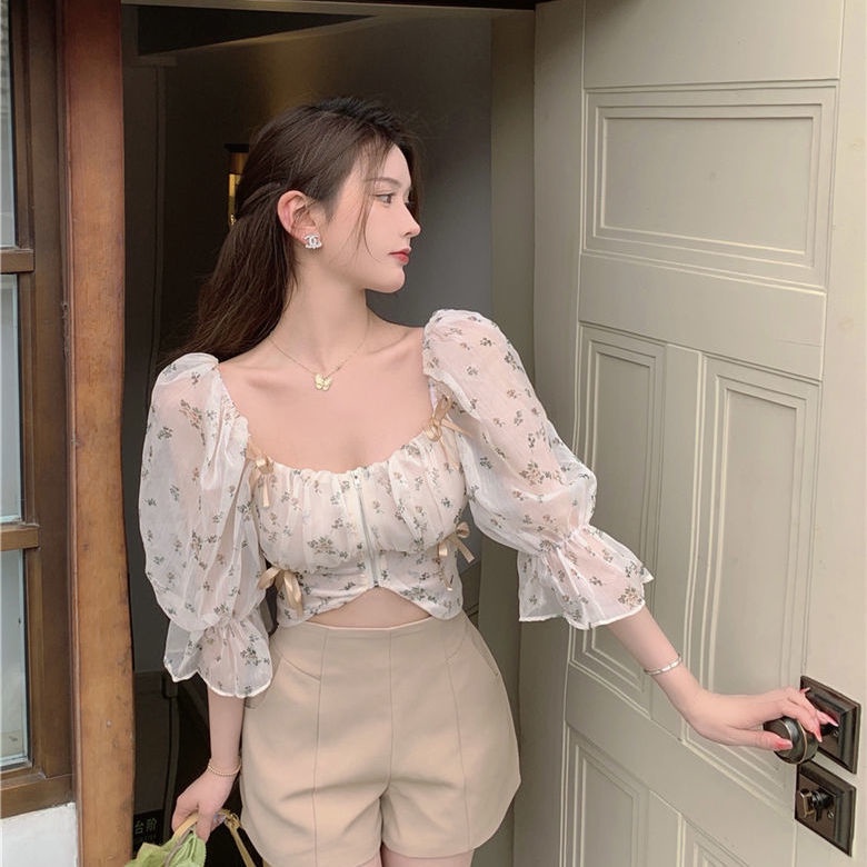 Áo Sơ Mi Voan Tay Ngắn Họa Tiết Hoa Phong Cách Pháp Thời Trang Cho Nữ