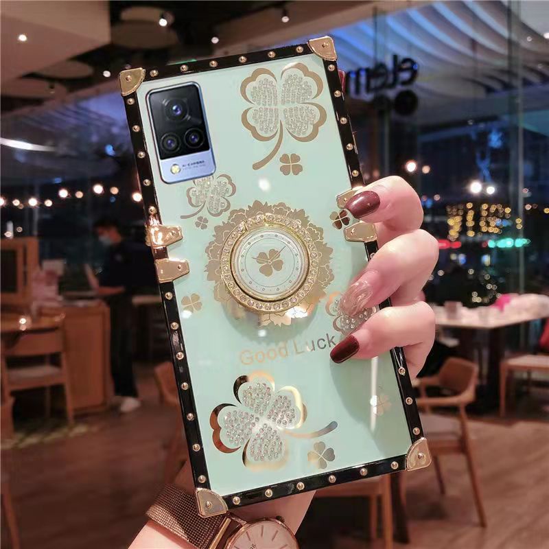 Ốp Điện Thoại Hình Vuông Đính Đá Lấp Lánh Kèm Giá Đỡ Nhẫn Cho Vivo Y15s Y21 Y73s Y20 Y30 Y19 Y95 Y11 Y15 Y72 Y51 2020