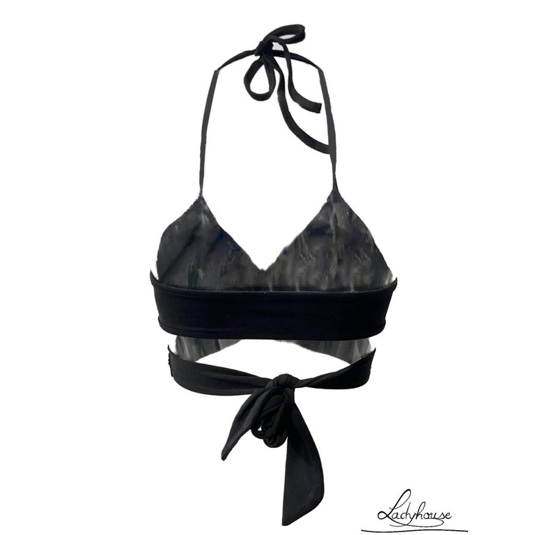 LD-Women´s Halter Crop Tops, Sleeveless Deep V Neck Solid Color Tie Knot Back Wrap Cami Tops