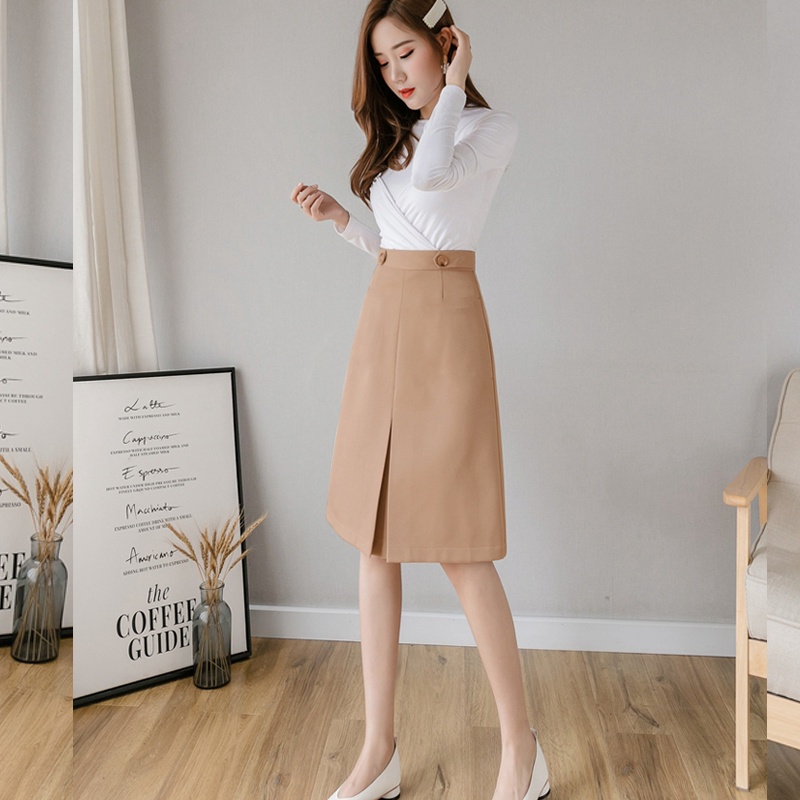 Chân Váy Chữ A dài xẻ trước nữ lưng cao MADELA phối 2 đai cúc