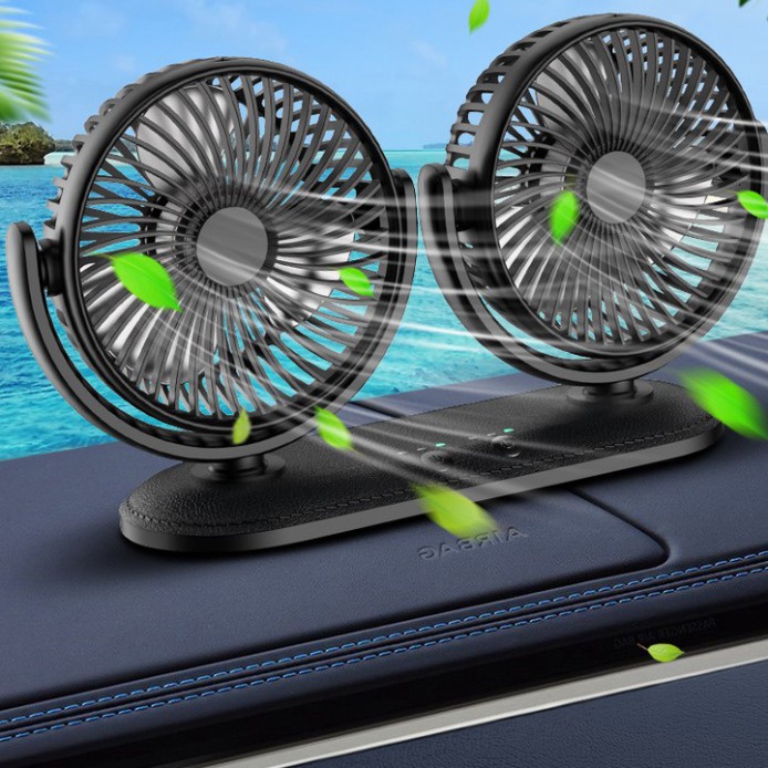 Sản Phẩm Quạt máy đôi mini xoay 360 độ, sử dụng trên ô tô và bàn làm việc (công suất 12W)-3 chế độ quạt, điều khiển riên